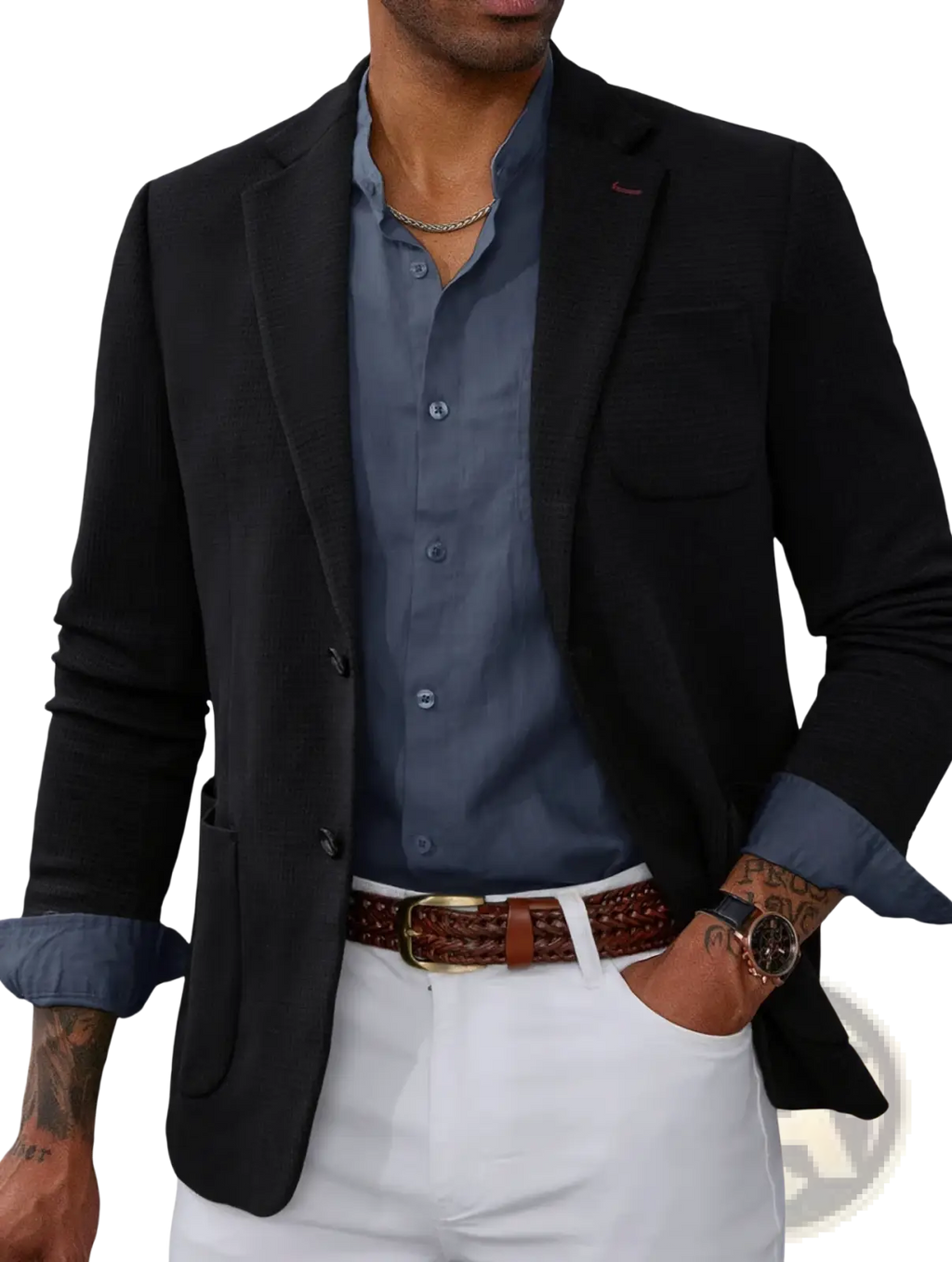 Men’s slim striped suit jacket featuring a black textured blazer with a navy blue shirt underneath for formal wear
