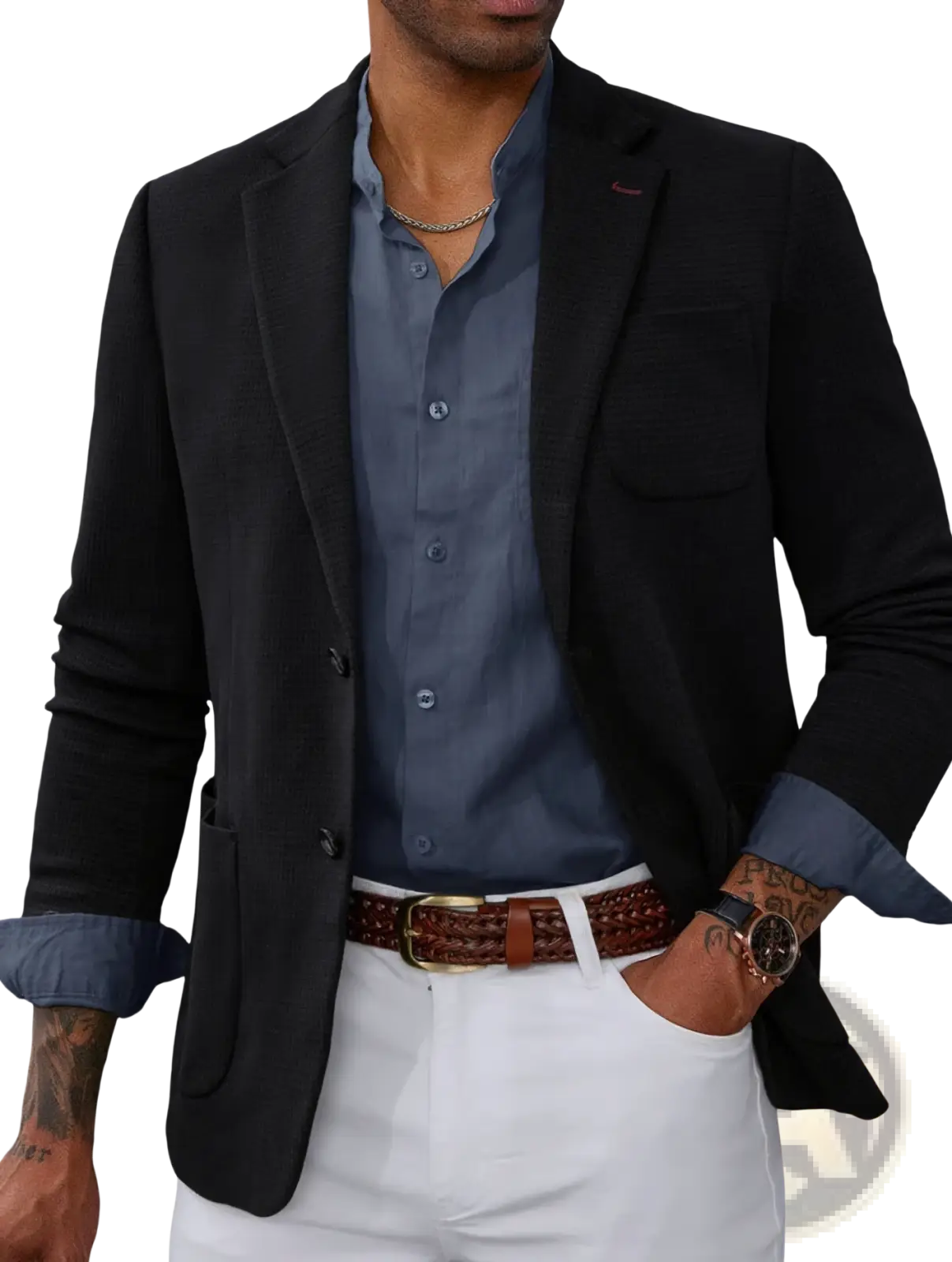 Men’s slim striped suit jacket featuring a black textured blazer with a navy blue shirt underneath for formal wear