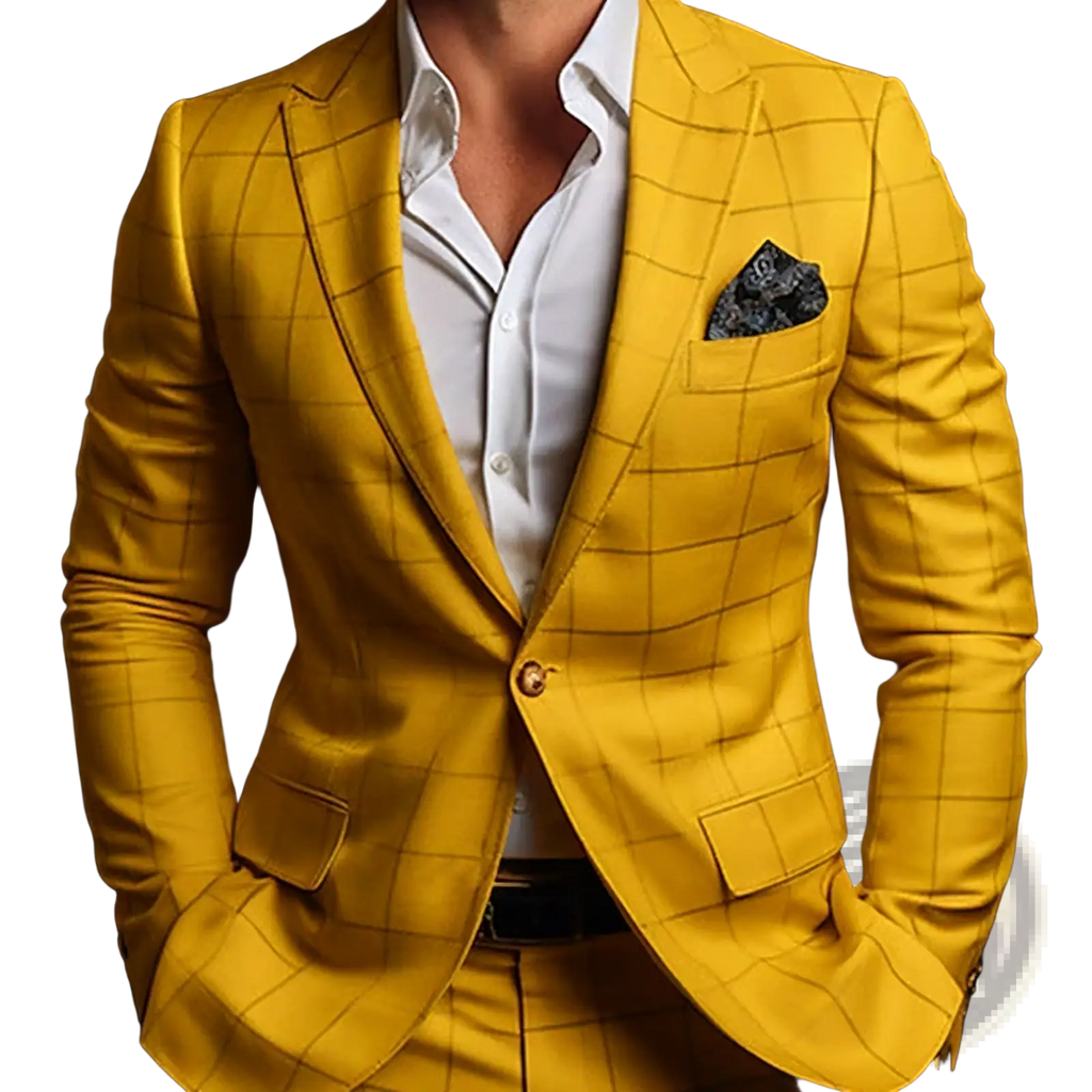 Men’s slim striped suit jacket in vibrant yellow with bold grid pattern, black contrast stitching, and gold buttons