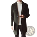 Dark olive green men’s slim wool trench coat with notched lapels and three dark buttons in Korean style