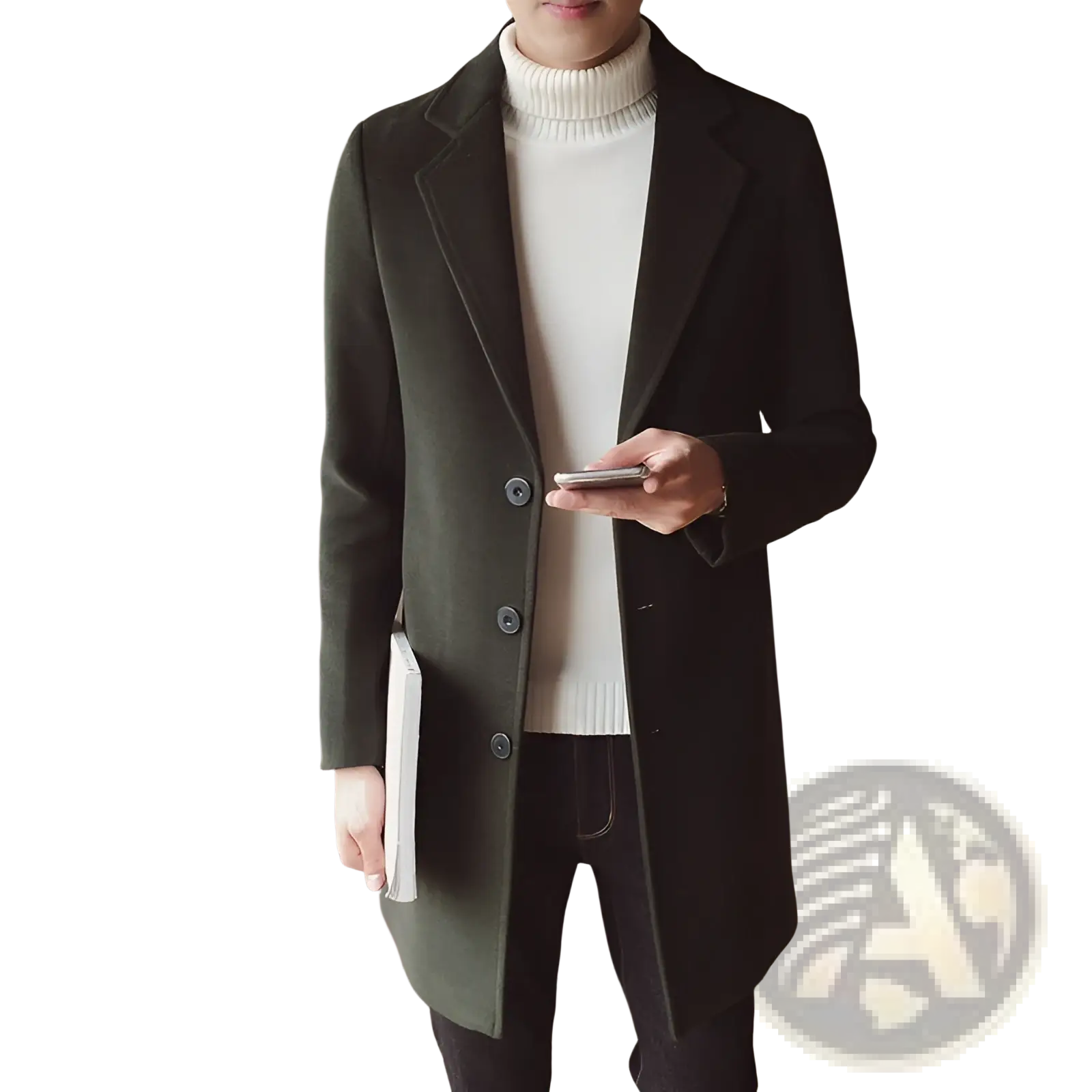 Dark olive green men’s slim wool trench coat with notched lapels and three dark buttons in Korean style