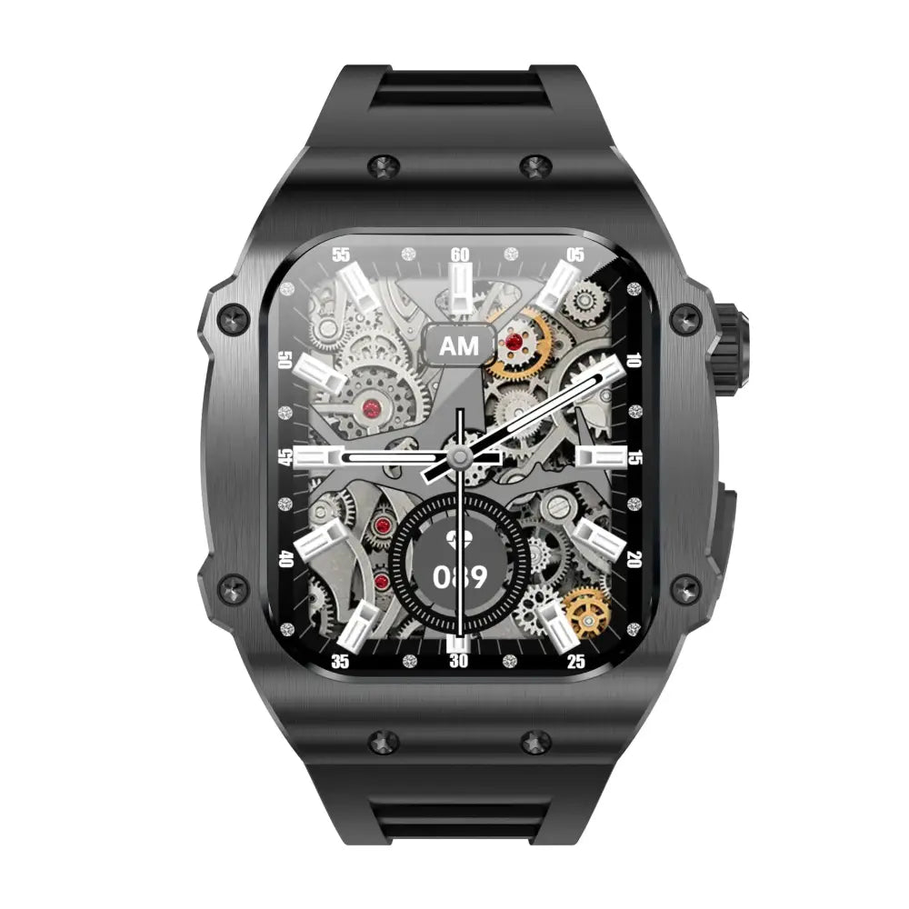 Men’s black skeleton dial smartwatch with exposed gears and matte finish case for waterproof smart health tracking