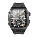 Men’s black skeleton dial smartwatch with exposed gears and matte finish case for waterproof smart health tracking