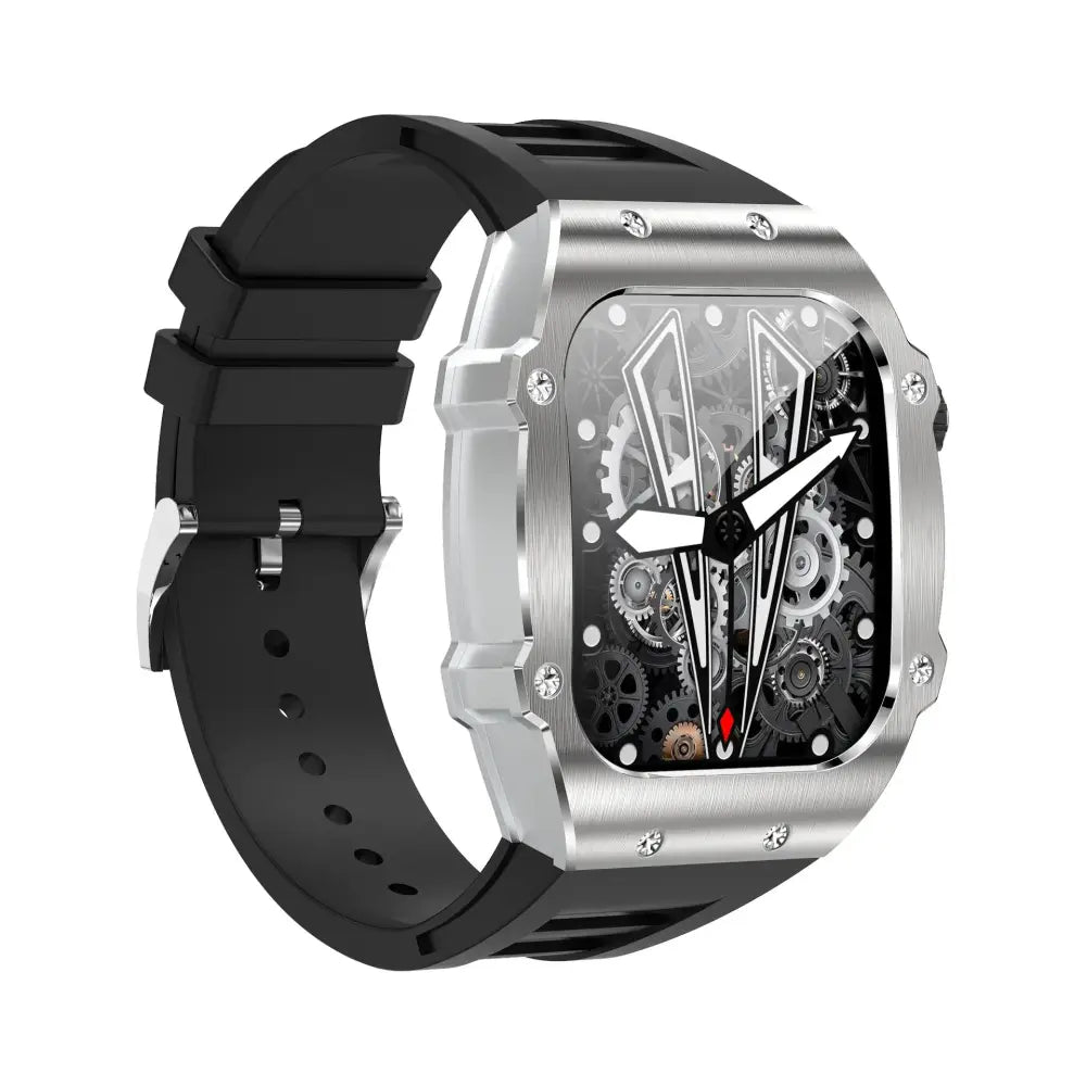 Men’s waterproof skeleton dial smartwatch in silver tone with black rubber strap and visible mechanical gears