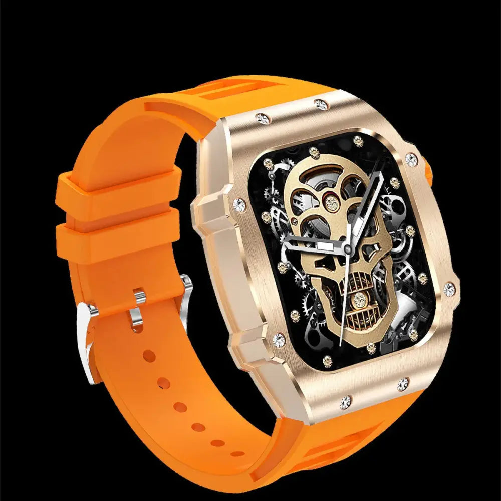 Men’s waterproof skeleton dial smart health watch with bold orange silicone strap and gold-tone skull design face
