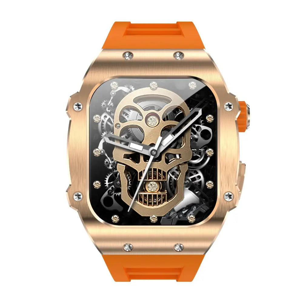 Men’s waterproof skeleton dial smart health watch with rose gold skull case orange silicone strap and diamond accents