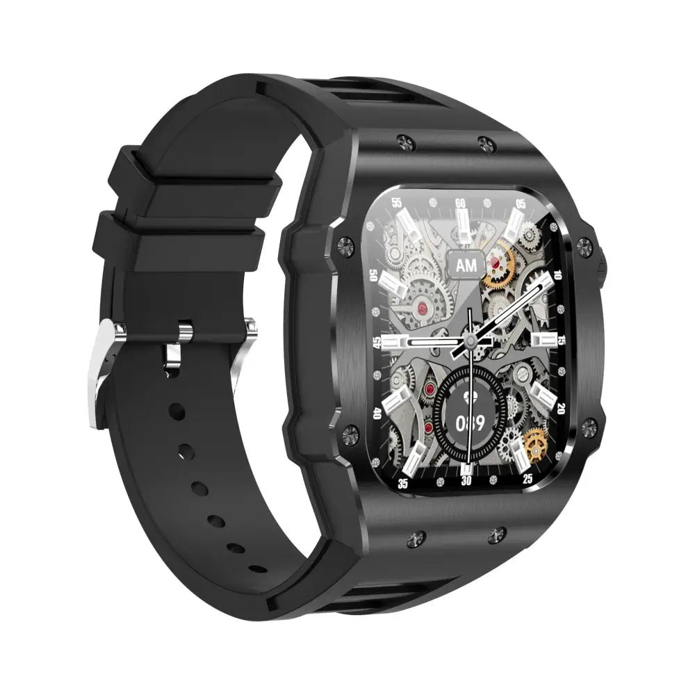 Men’s black rectangular waterproof smartwatch with skeleton dial revealing gears and black rubber strap