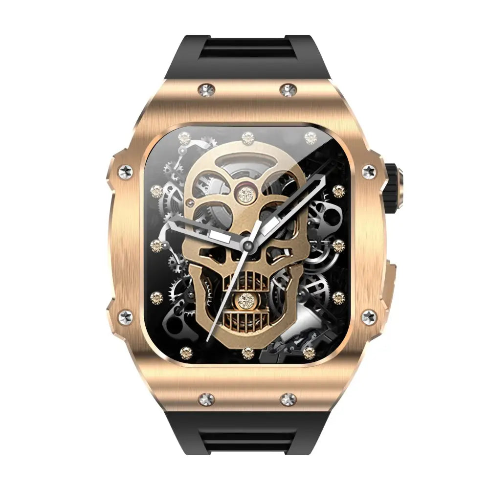 Men’s waterproof skeleton dial smart health watch with rose gold skull case, diamond accents, and black rubber strap