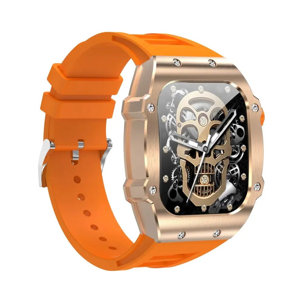 Men’s waterproof skeleton dial smart health watch with orange silicone strap rose gold-tone case and crystal skull face