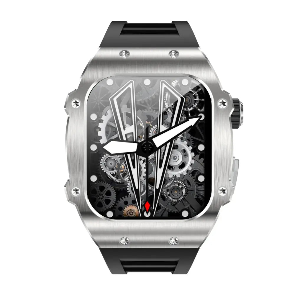 Men’s waterproof skeleton dial smart health watch with silver square case black rubber strap and visible gears