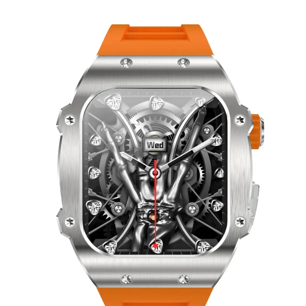 Men’s waterproof smart health watch with silver-toned rectangular case, orange rubber strap, and skeletonized crystal dial