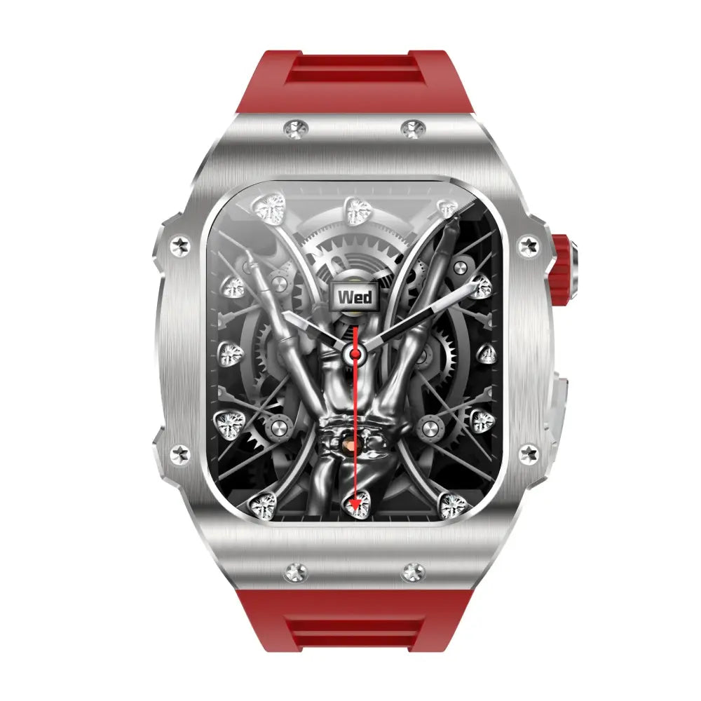 Men’s waterproof skeleton dial smart health watch in red and silver with transparent face and crystal hour markers