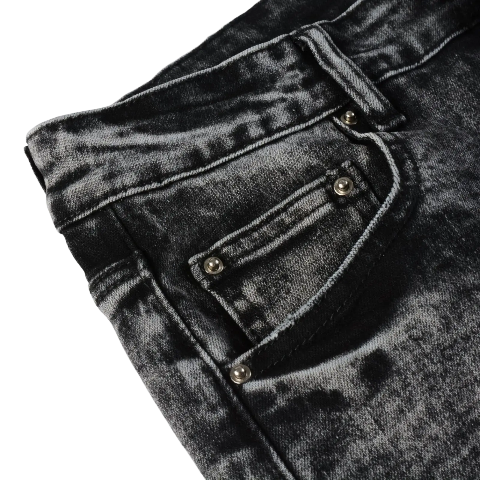 Men’s smoky gray slim fit distressed retro skinny jeans back side showing black denim with silver rivets on pocket