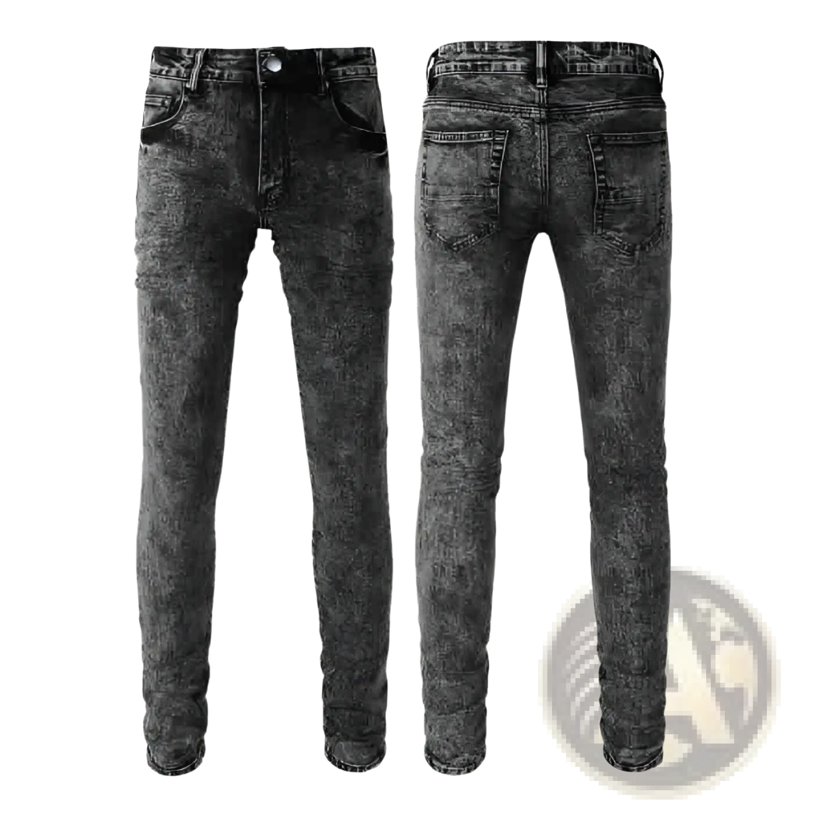 Men’s smoky gray slim fit distressed retro skinny jeans in black faded textured denim with a distressed finish
