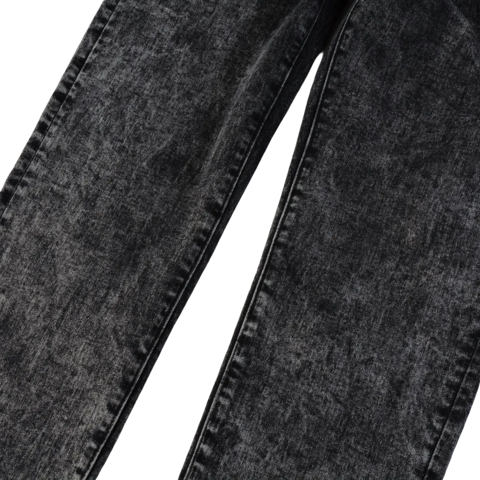 Men’s smoky gray slim fit distressed retro skinny jeans in black denim with faded texture and visible seam stitching