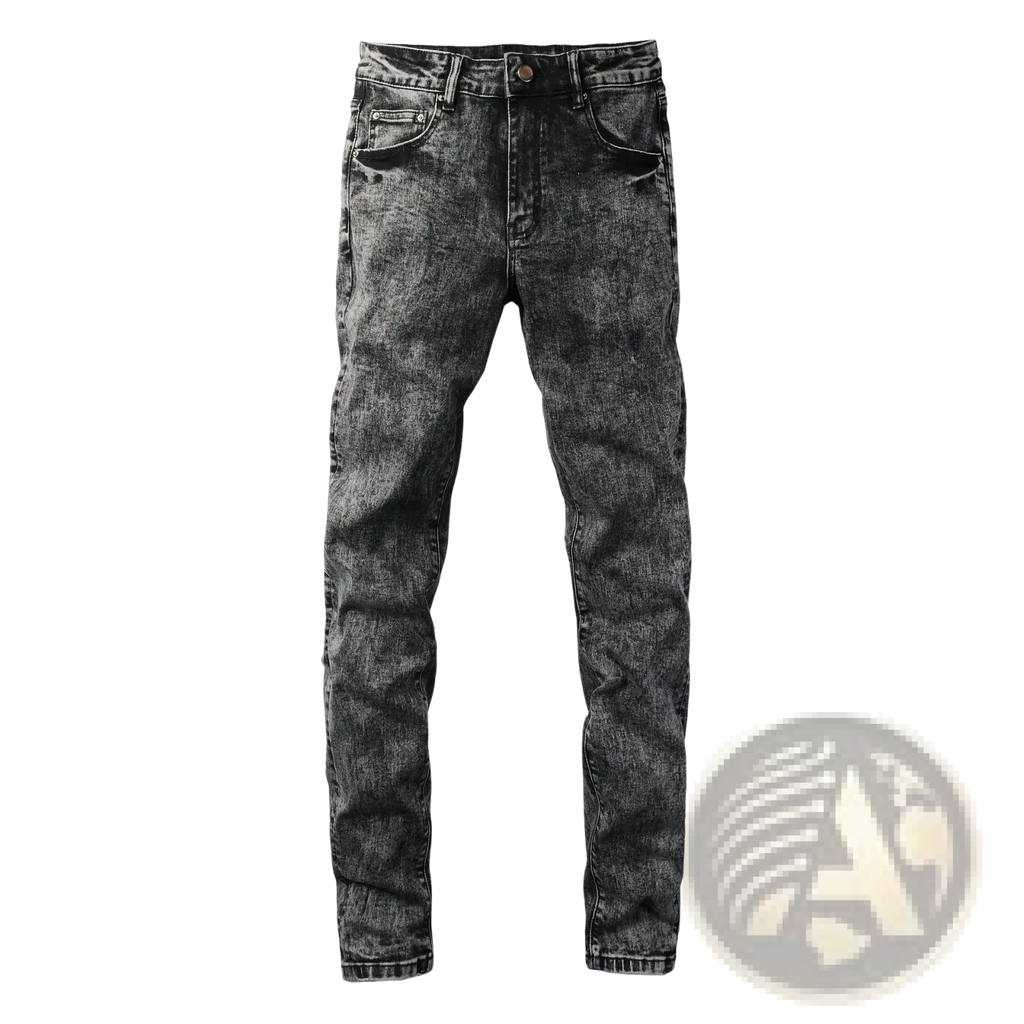 Men’s smoky gray slim fit distressed retro skinny jeans in black faded denim with a slim fit design