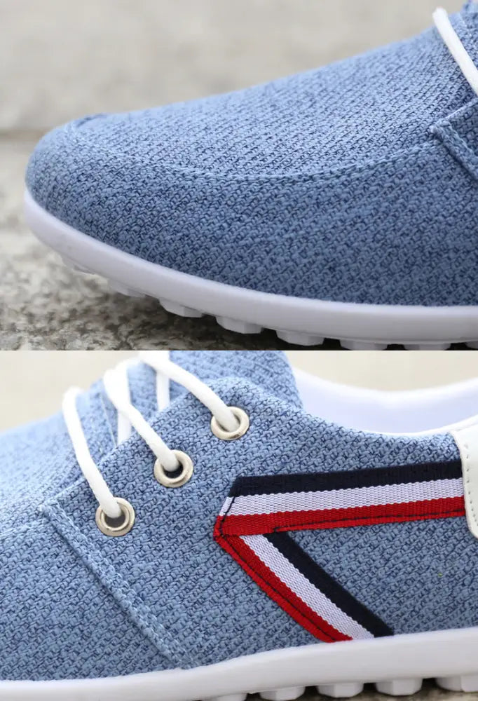 Men’s breathable soft sole canvas leisure sneakers in light blue with white laces and a red white black stripe