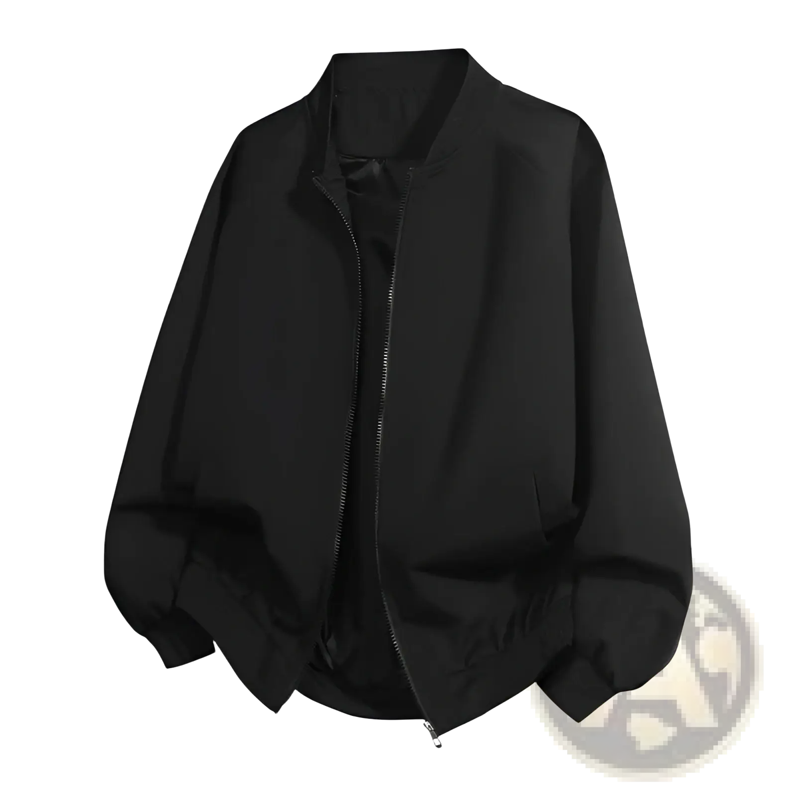 Men’s solid color bomber jacket in black with sleek modern design and subtle stitching details