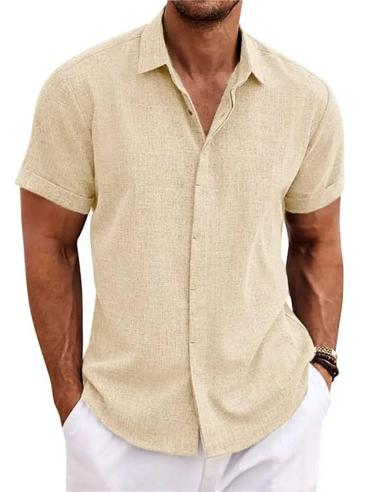 Beige men’s relaxed fit short sleeve linen shirt with classic collar and button-down front for casual wear