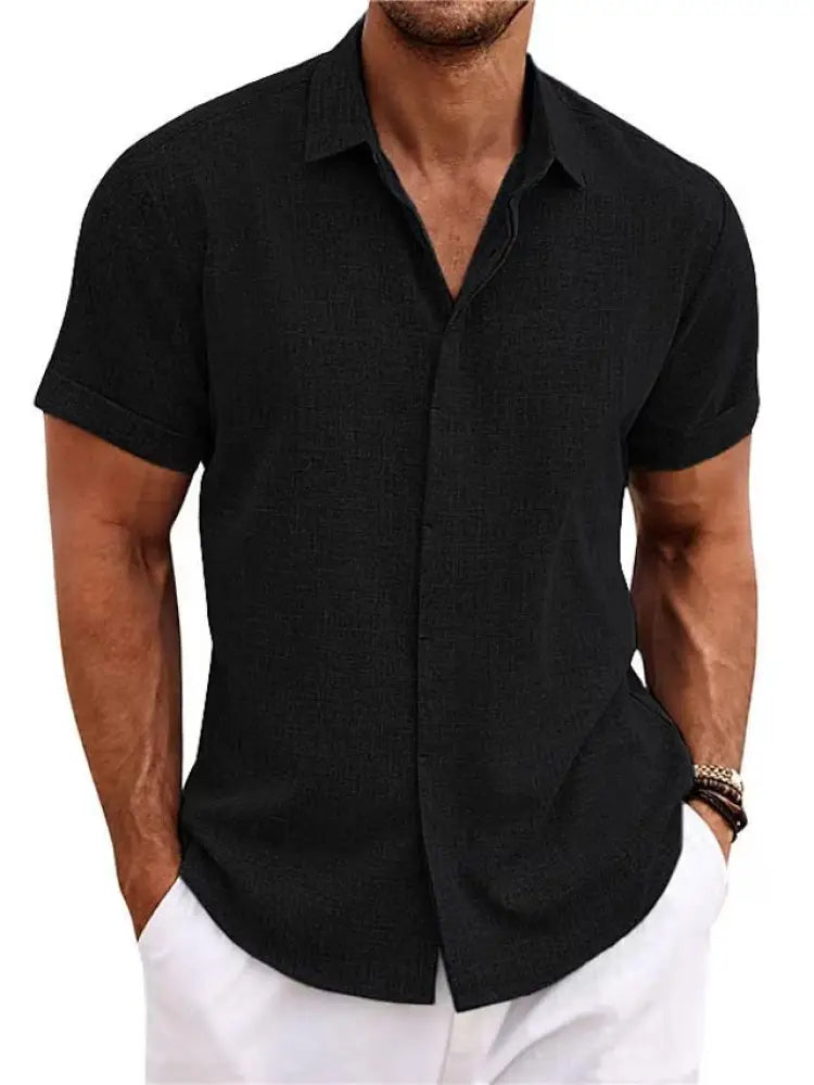 Men’s relaxed fit solid black linen short sleeve shirt with classic collar and button-up front in a casual style