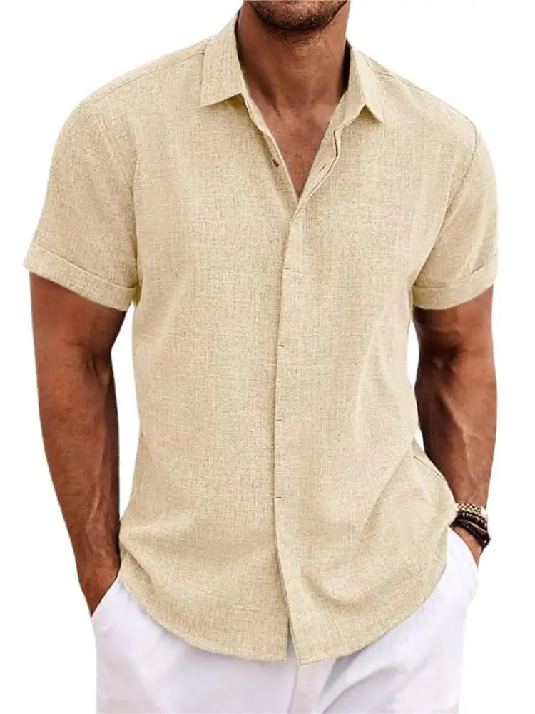 Men’s relaxed fit beige linen short sleeve shirt with a subtle textured weave and button-up front