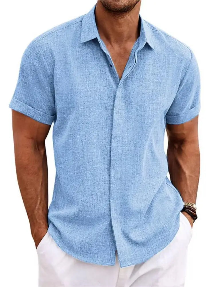 Men’s relaxed fit solid light blue linen short sleeve shirt with textured fabric and button-up collar