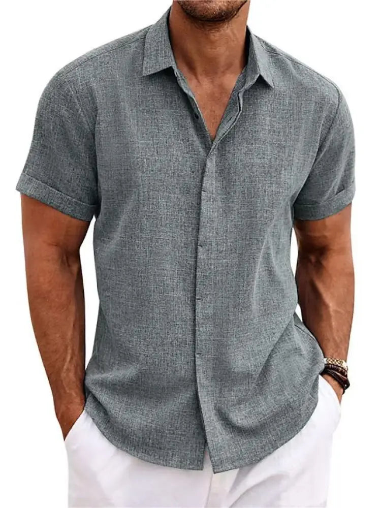 Men’s relaxed fit solid gray linen short sleeve shirt with a classic collar and textured button-up design