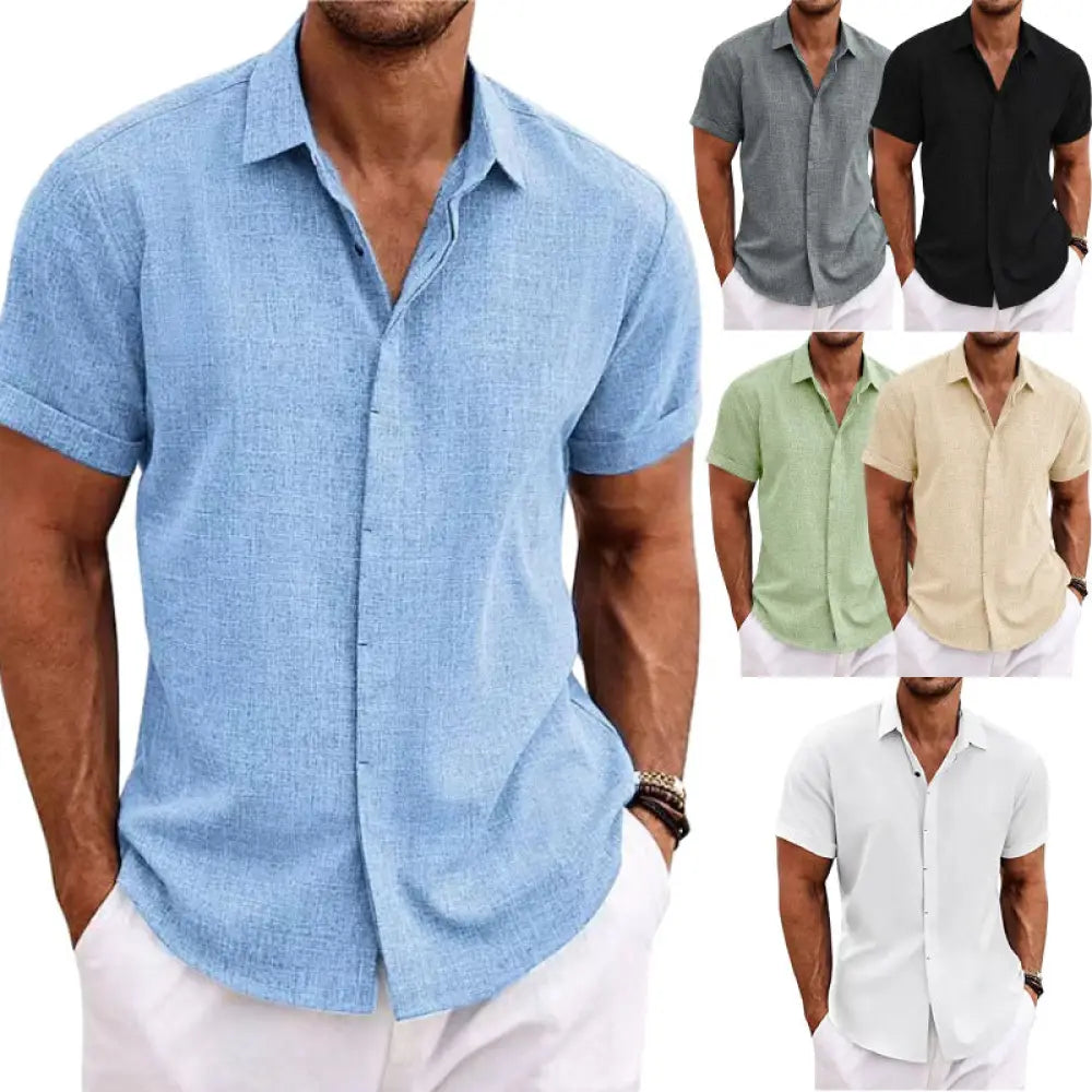 Men’s relaxed fit light blue short sleeve shirt made of textured linen fabric with a classic collar