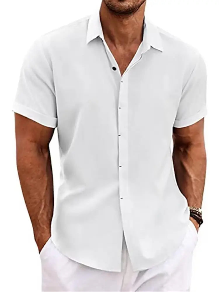 Men’s relaxed fit solid white linen short sleeve shirt with classic collar and subtle stitching details