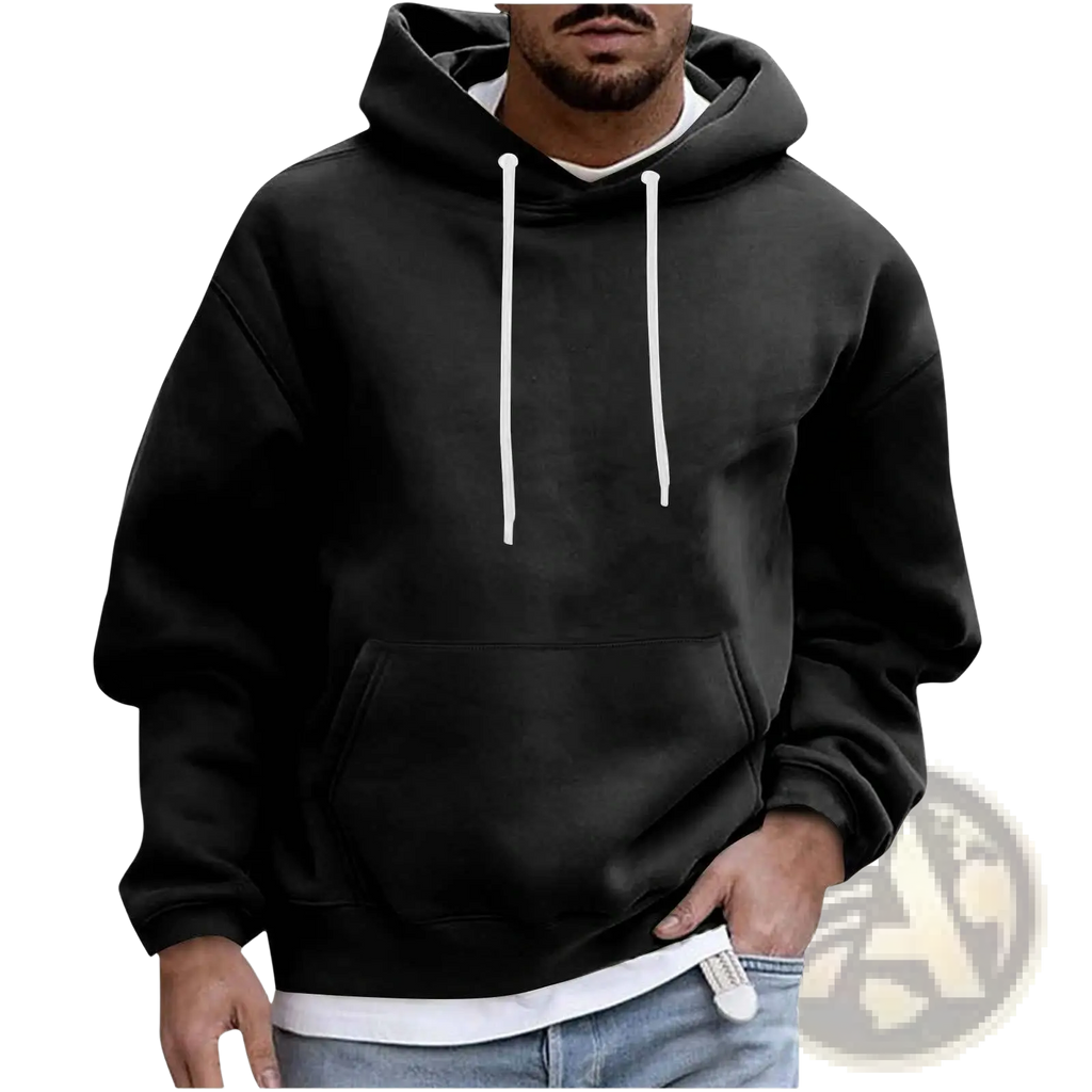 Mens solid drop shoulder pullover hoodie in black with white drawstrings and front pocket for casual wear