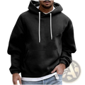 Mens solid drop shoulder pullover hoodie in black with white drawstrings and front pocket for casual wear