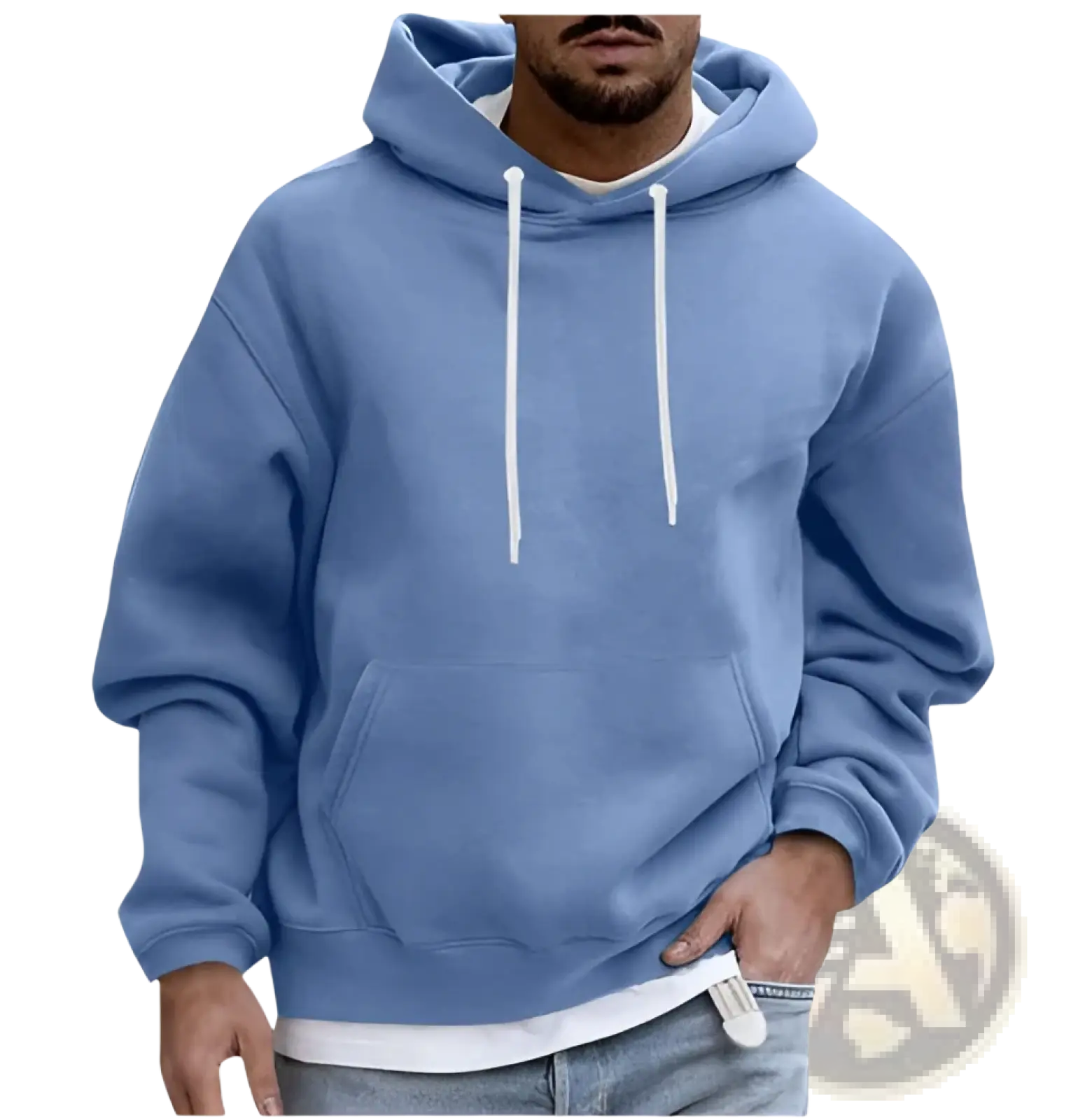 Men’s solid drop shoulder pullover hoodie in light blue with white drawstrings and front pocket for casual wear
