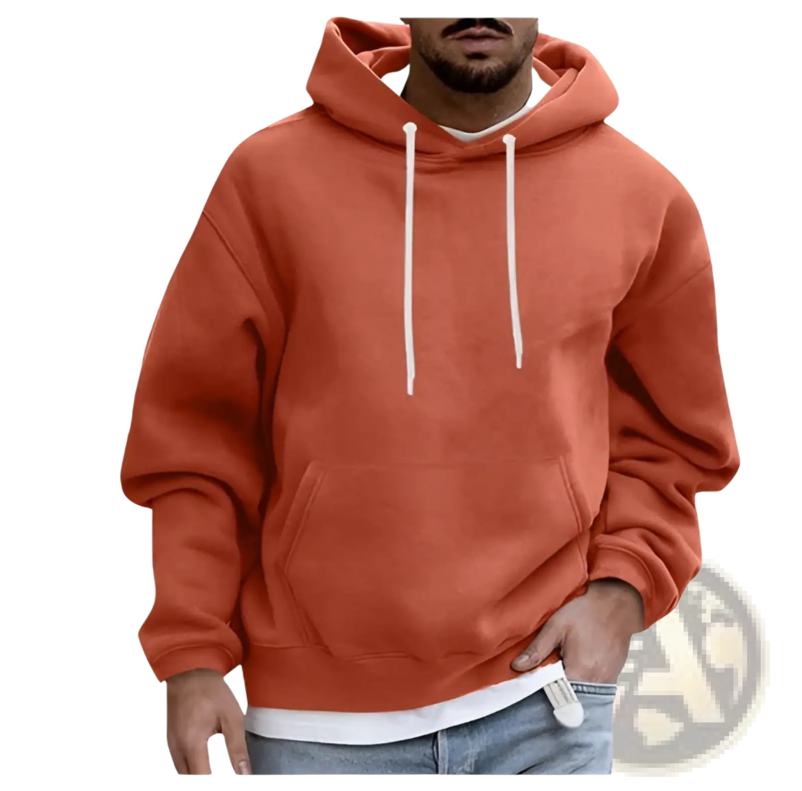 Men’s solid rust-colored drop shoulder pullover hoodie with white drawstrings and front pocket over white t-shirt