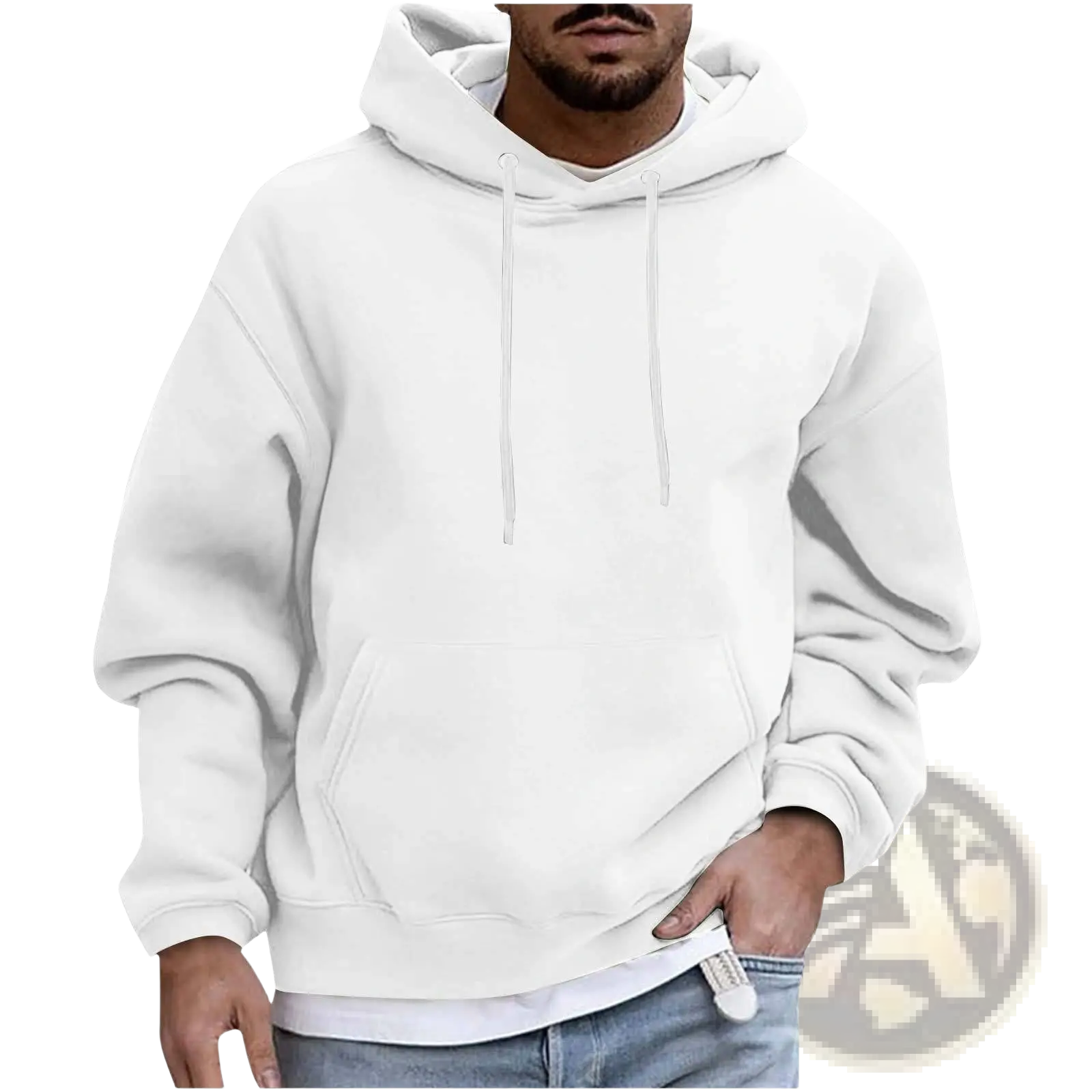 White men’s solid drop shoulder pullover hoodie made of soft fabric with hood, drawstrings, and front pocket