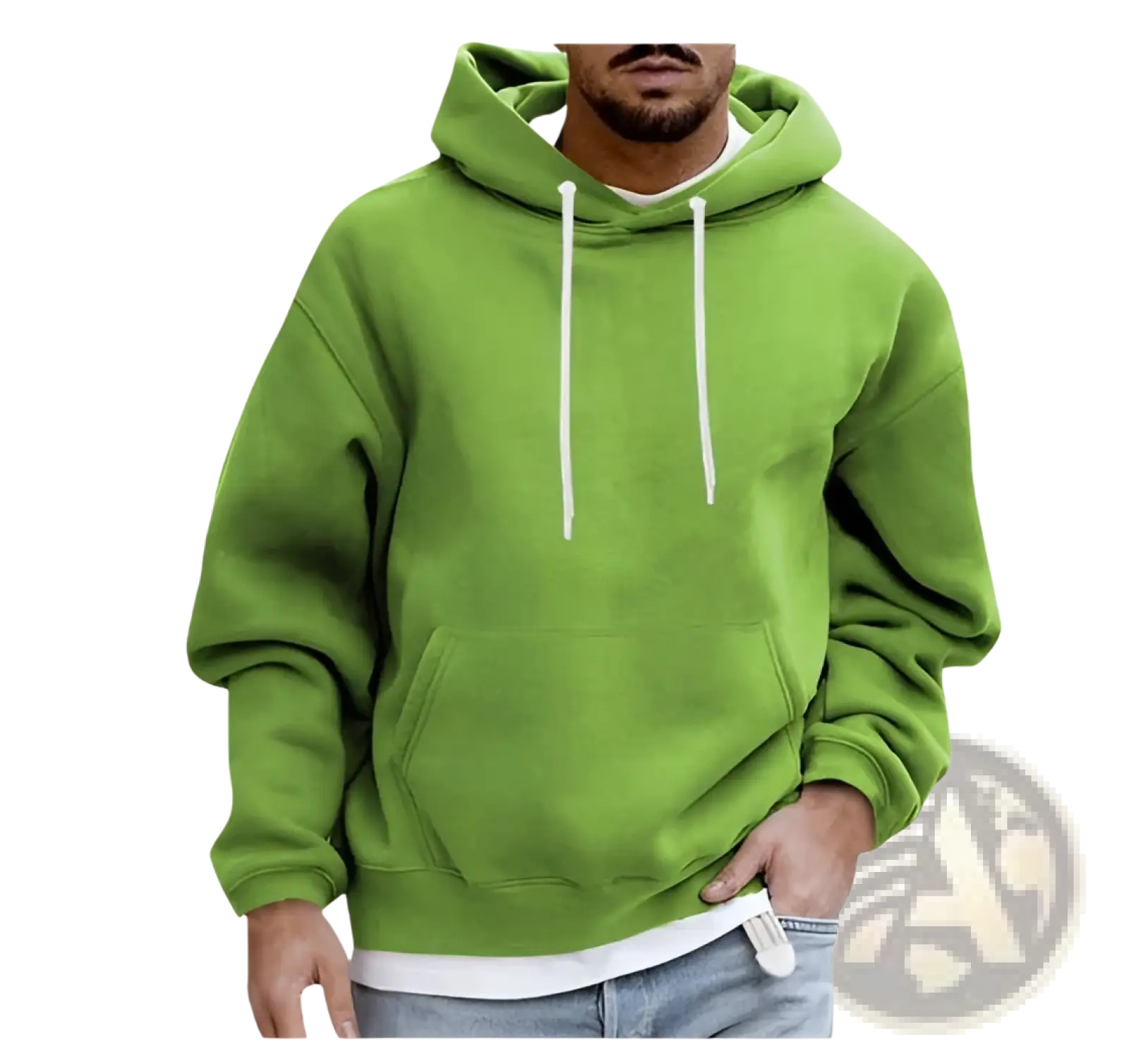 Men’s solid drop shoulder pullover hoodie in vibrant lime green with white drawstrings and matching inner lining