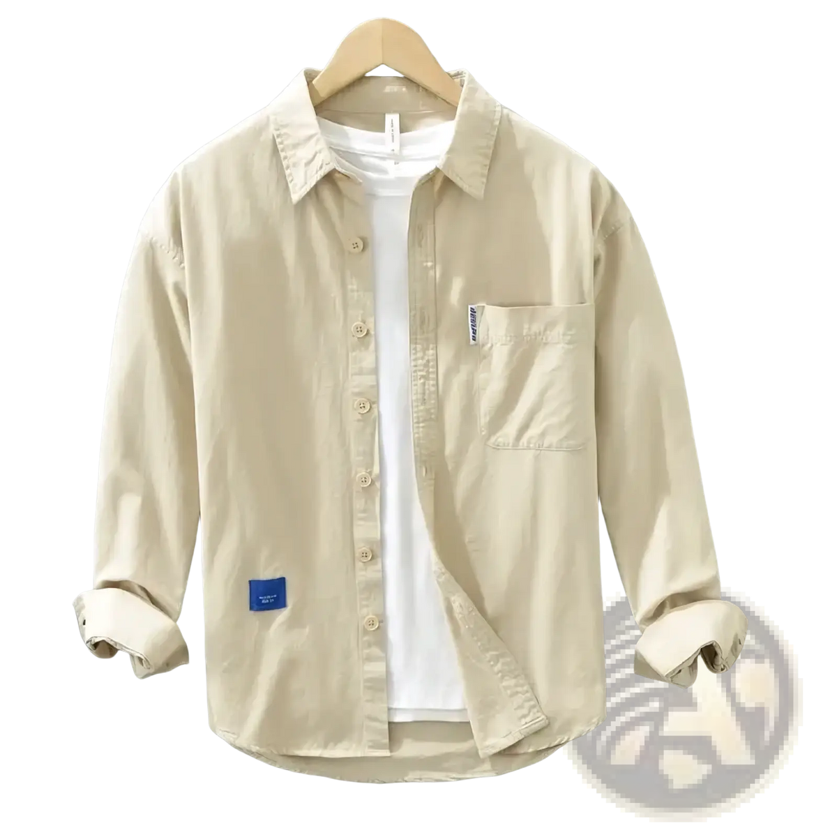 Beige men’s solid long sleeve casual button-up shirt with rolled cuffs chest pocket and blue fabric patches on left side