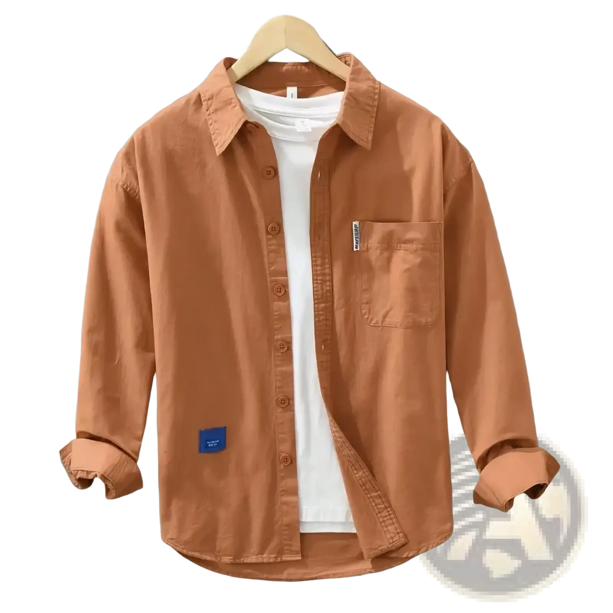 Men’s rust-colored solid long sleeve casual button-up shirt with chest pocket and rolled cuffs