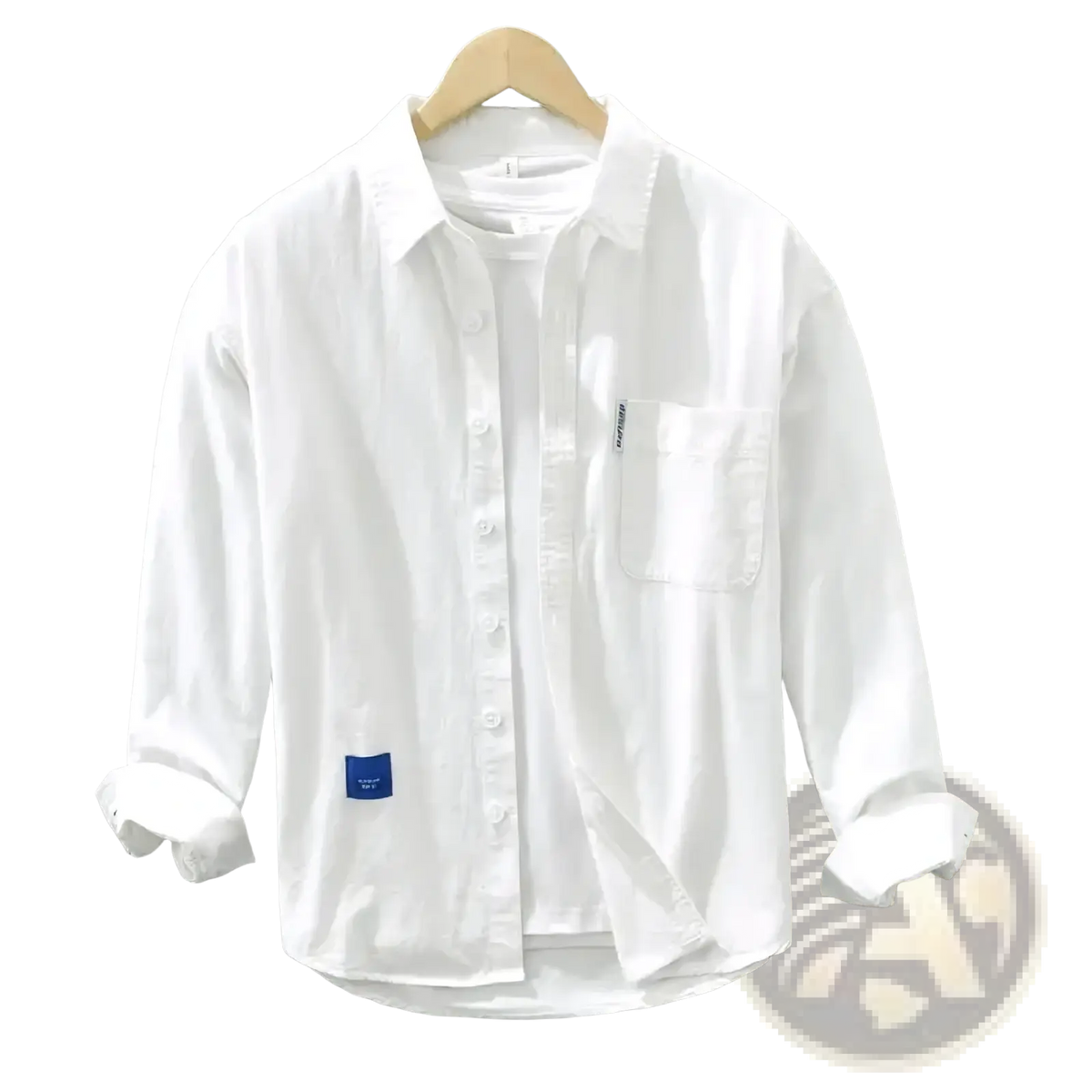 Men’s solid white long sleeve casual button-up shirt with rolled cuffs chest pocket and subtle blue fabric labels