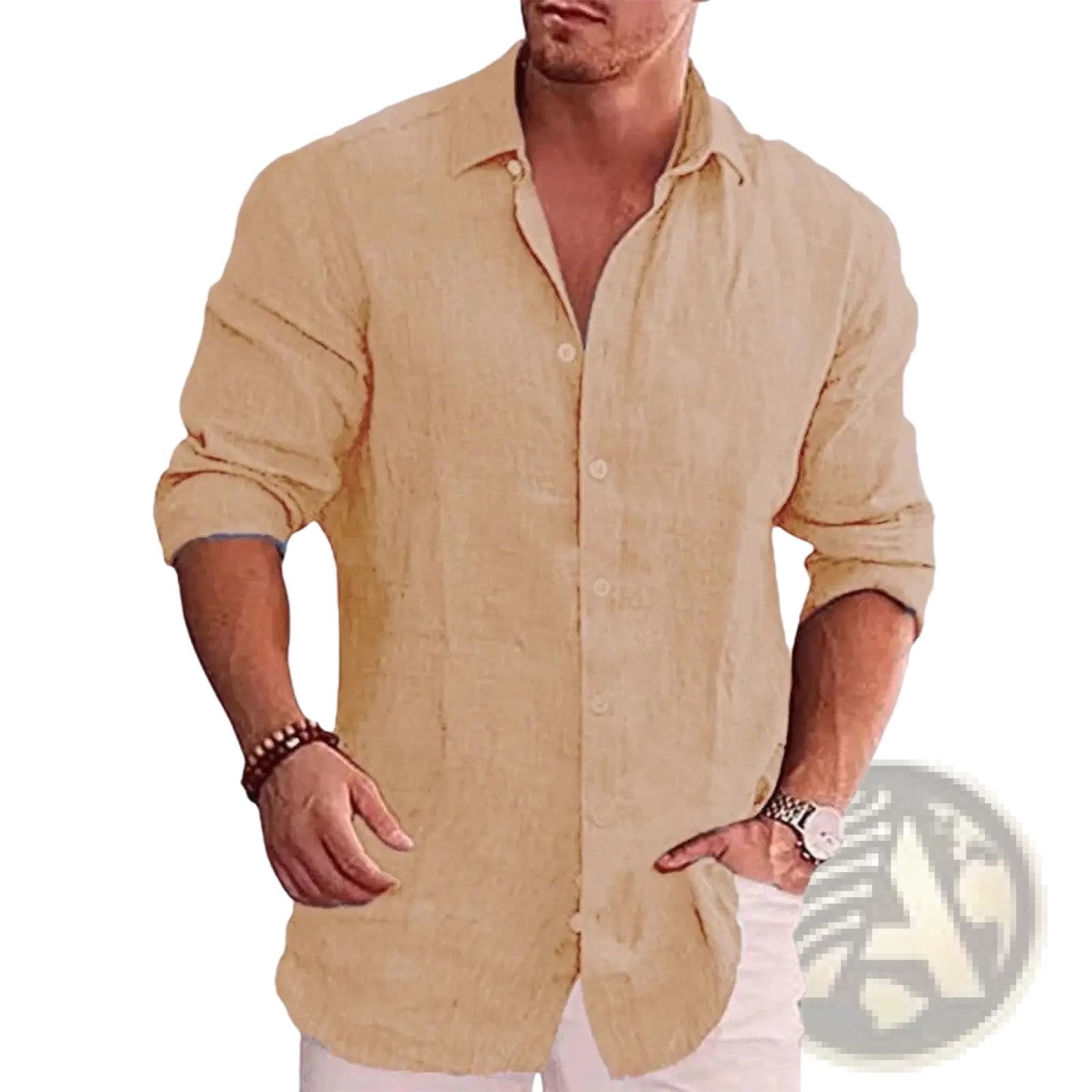 Men’s solid slim linen shirt beige button down with rolled sleeves and subtle textured weave for casual wear
