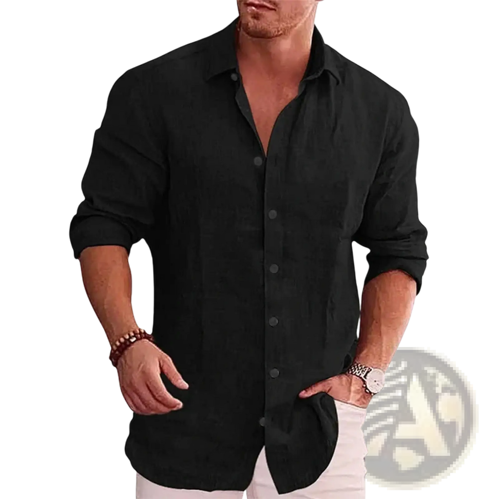 Men’s solid slim linen shirt in black with a relaxed fit long sleeves and rolled cuffs for casual wear