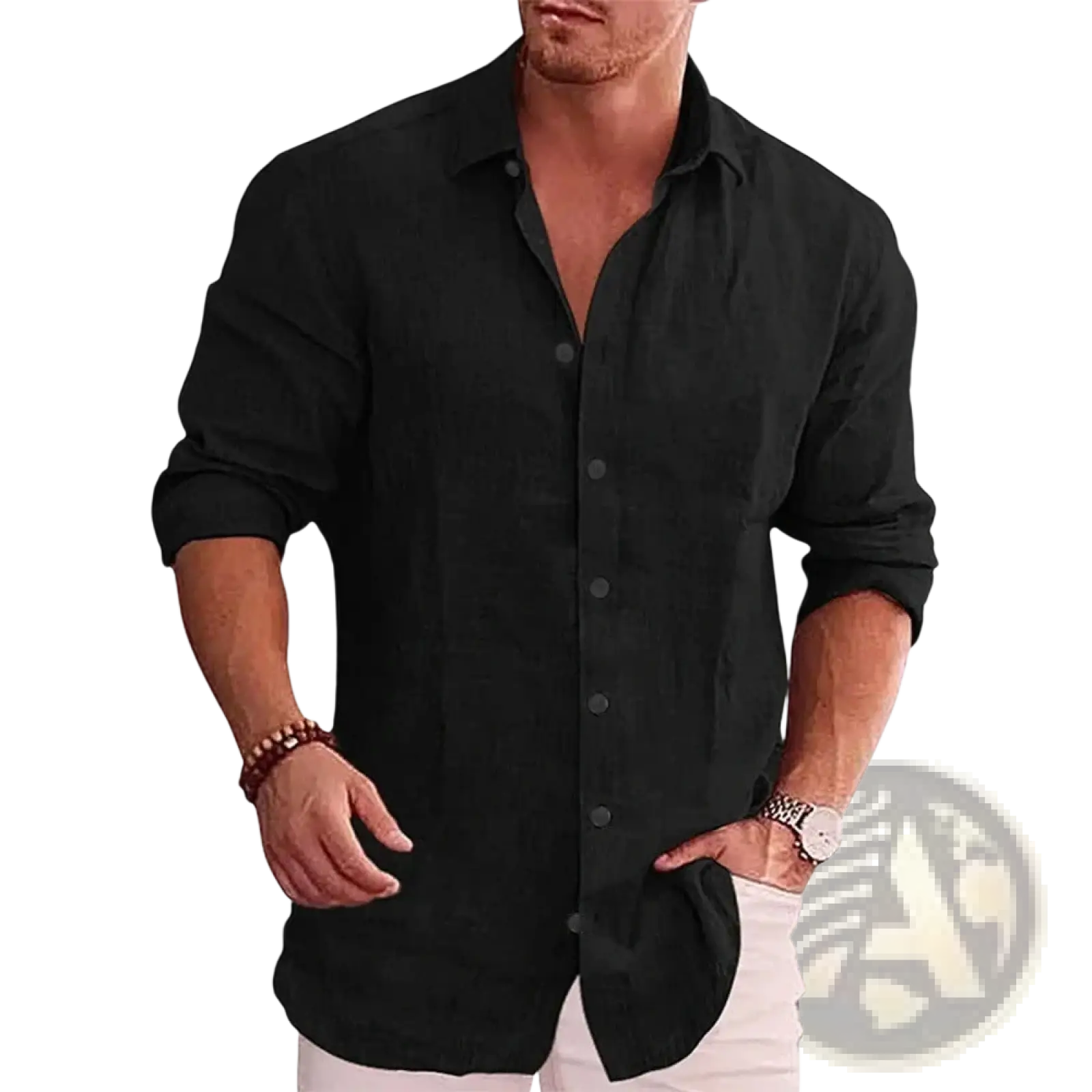 Men’s solid slim linen shirt in black with a relaxed fit long sleeves and rolled cuffs for casual wear