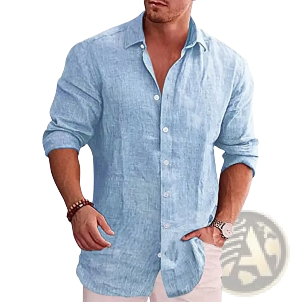 Men’s solid slim linen shirt in light blue with a subtle textured weave and rolled-up sleeves