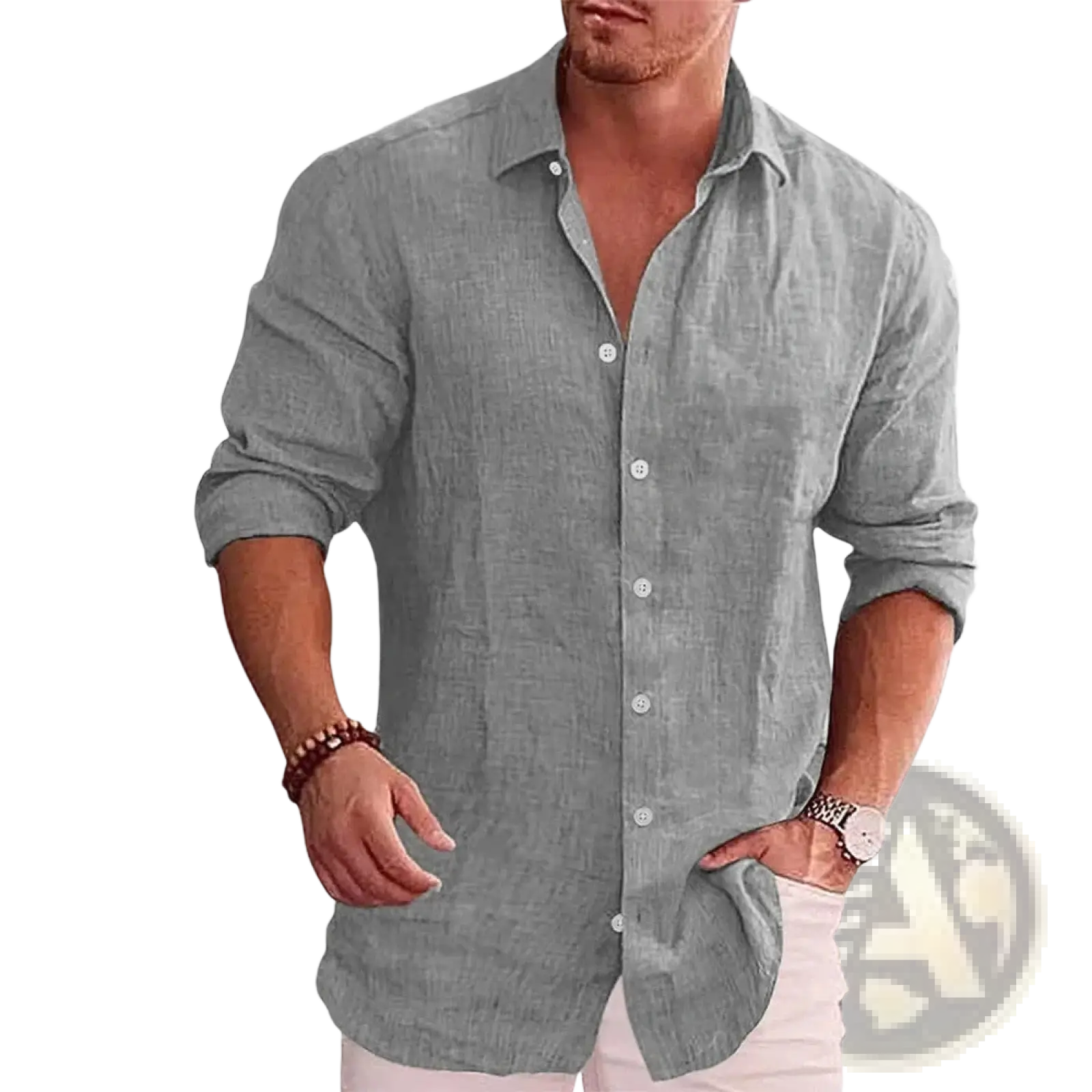 Men’s solid slim linen shirt in light gray with long sleeves white buttons and subtle textured weave