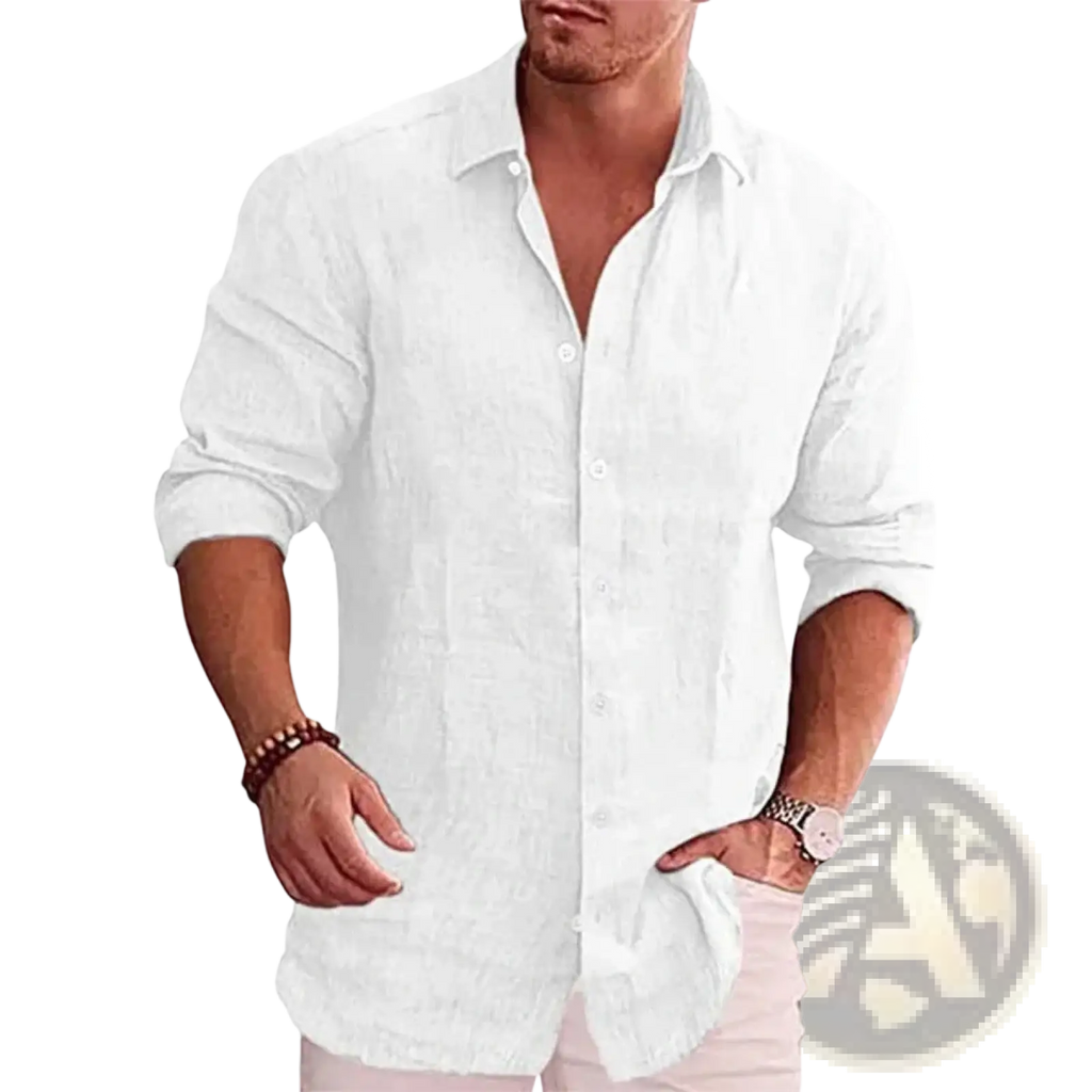 Men’s solid slim white linen shirt with rolled-up sleeves and relaxed fit for casual wear