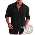 Men’s black long-sleeved solid slim linen shirt with relaxed fit and rolled cuffs for casual wear