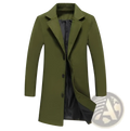 Men’s solid olive green wool blend overcoat with notched collar and black inner lining for casual business wear