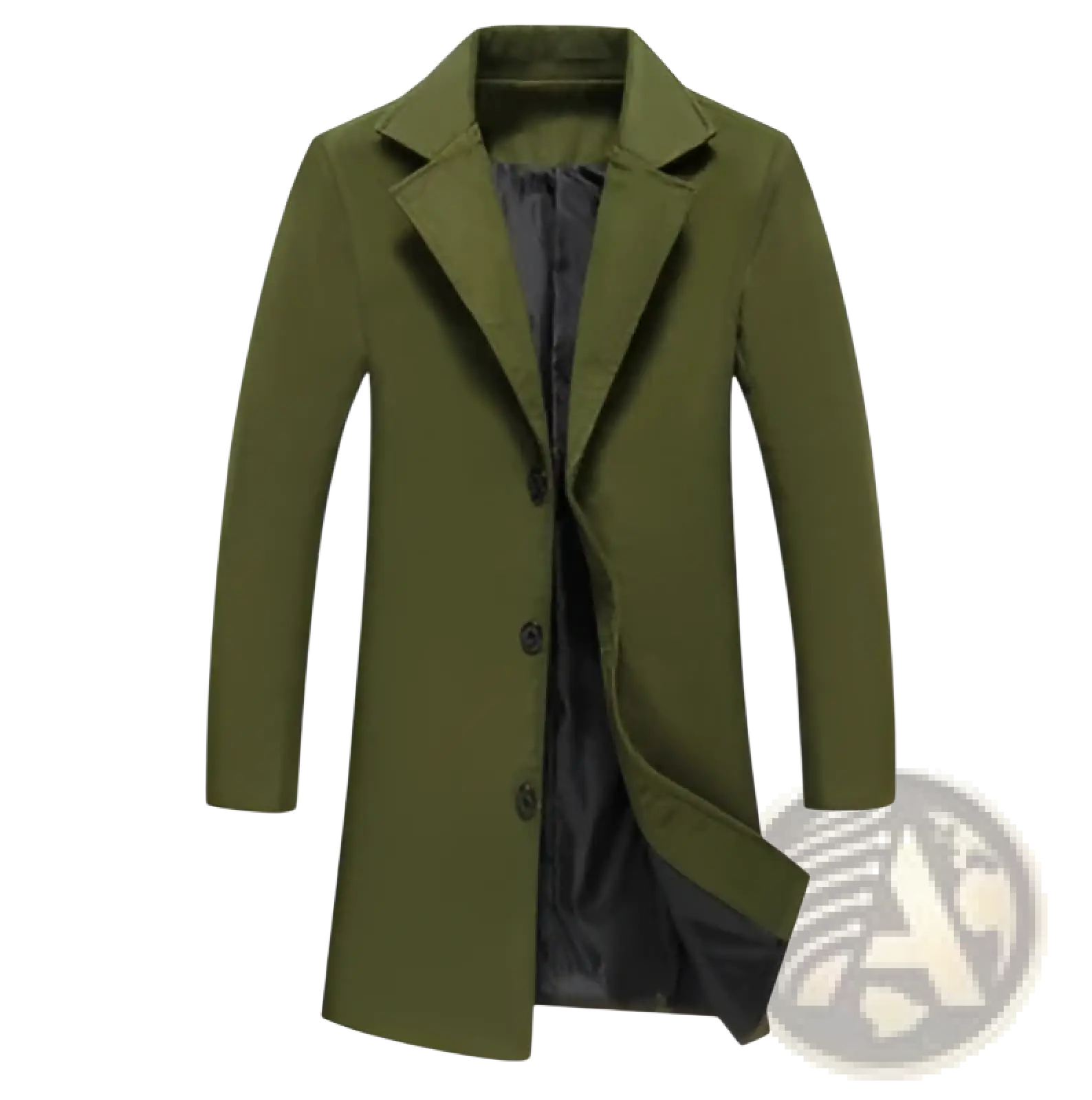 Men’s solid olive green wool blend overcoat with notched collar and black inner lining for casual business wear