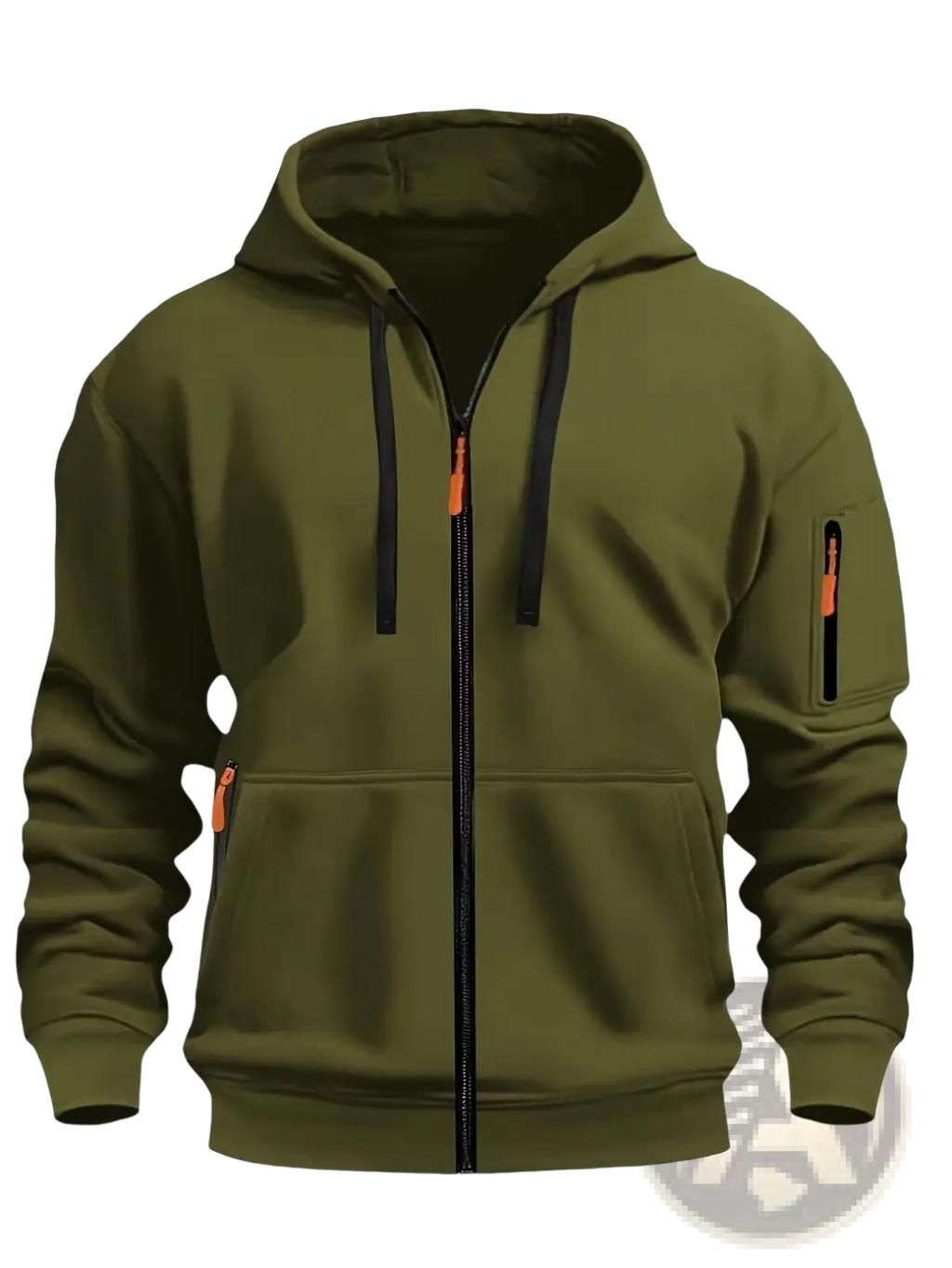 Men’s olive green sport casual fleece lined zip-up hoodie jacket with black drawstrings and orange zipper pulls