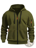 Men’s olive green sport casual fleece lined zip-up hoodie jacket with black drawstrings and orange zipper pulls