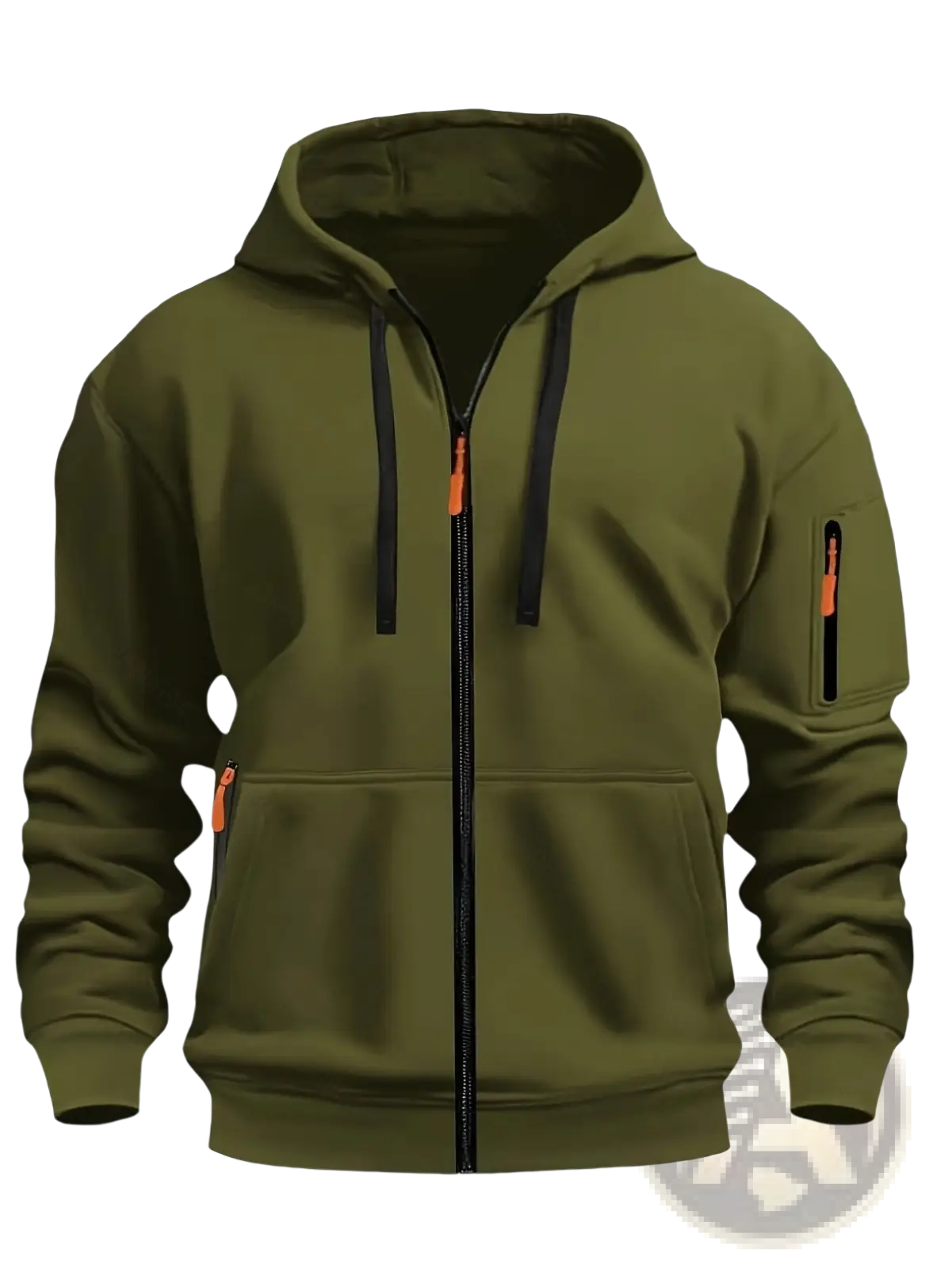 Men’s olive green sport casual fleece lined zip-up hoodie jacket with black drawstrings and orange zipper pulls